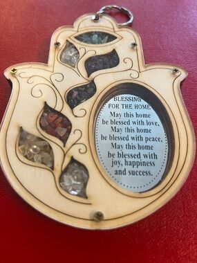 Wooden Hamsa with minerals and precious stones - Home Blessing 5.25”L 4”W